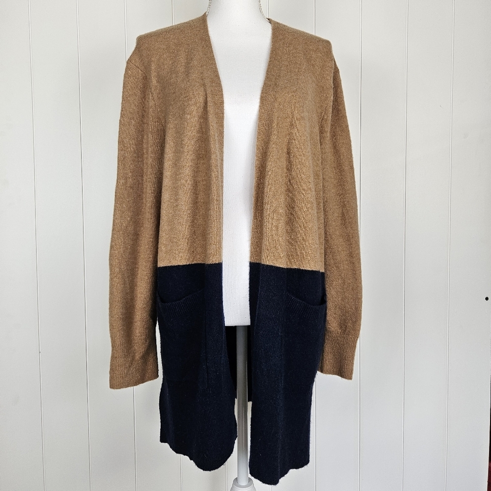 Madewell Long Cardigan Colorblock Tan Blue Womens Wool Alpaca Open Front Layer M